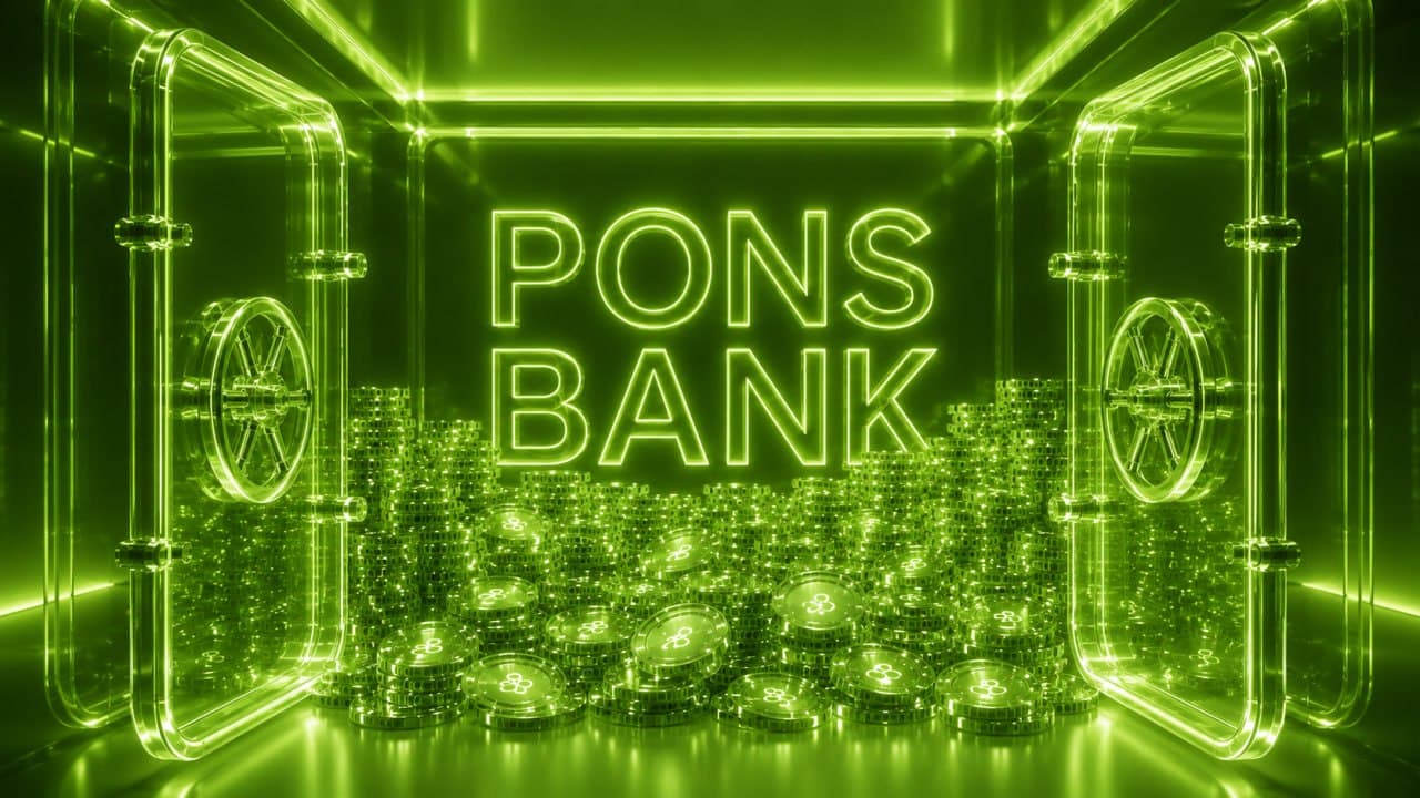 Front-facing security camera view from inside the luminous PonsBank vault
